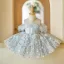 Chic / Beautiful Sky Blue Appliques Sequins Short Birthday Flower Girl Dresses 2024 Ball Gown Scoop Neck Short Sleeve