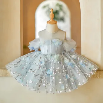 Chic Beautiful Sky Blue Appliques Sequins Short Birthday Flower Girl Dresses 2024 Ball Gown Scoop Neck Short Sleeve