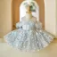 Bling Bling Sky Blue Sequins Appliques Short Birthday Flower Girl Dresses 2024 Ball Gown Off-The-Shoulder Short Sleeve Tulle