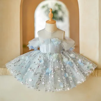 Bling Bling Sky Blue Sequins Appliques Short Birthday Flower Girl Dresses 2024 Ball Gown Off The Shoulder Short Sleeve Tulle