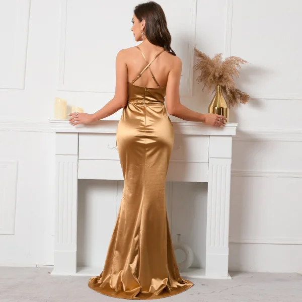 Sexy Gold Abendkleider 2022 Meerjungfrau Spaghettiträger Ärmellos Rückenfreies Sweep / Pinsel Zug Abend Festliche Kleider