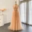 High-end Beige Handmade  Beading Sequins Rhinestone Prom Dresses 2024 A-Line / Princess High Neck Sleeveless Floor-Length / Long Prom Formal Dresses