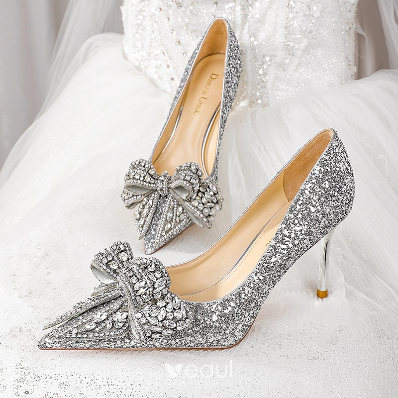 Bling Bling Silber Pailletten Strass Schleife Brautschuhe 2023 Leder 8 cm Stilettos Spitzschuh Hochzeit Pumps Hochhackige