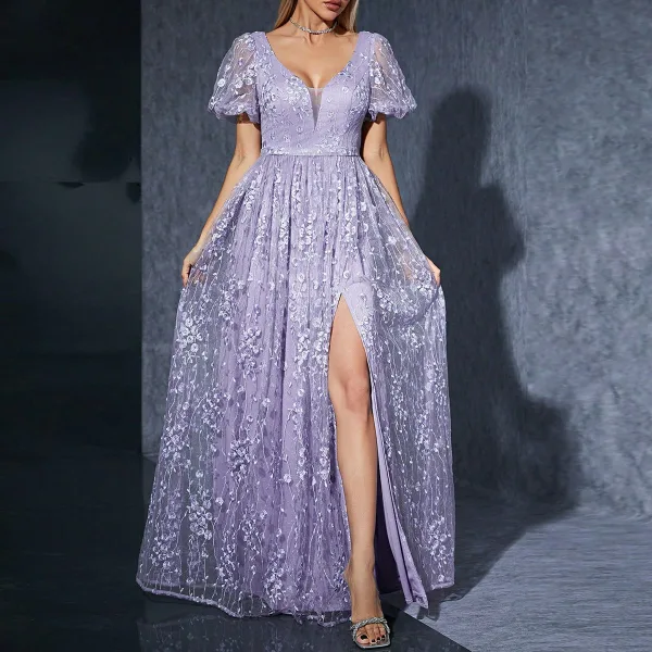 Chic / Belle Lavande En Dentelle Fleur Robe De Bal 2025 Princesse V-Cou Manches Courtes Dos Nu Longue Promo Robe De Ceremonie