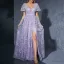 Chic / Belle Lavande En Dentelle Fleur Robe De Bal 2025 Princesse V-Cou Manches Courtes Dos Nu Longue Promo Robe De Ceremonie