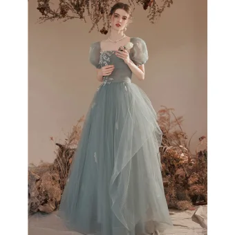 Chic Belle Vert Cendré Paillettes Robe De Bal 2023 Princesse Encolure Carrée Manches Courtes Dos Nu Longue Promo Robe De Ceremonie