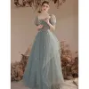 Chic / Beautiful Sage Green Sequins Prom Dresses 2023 A-Line / Princess Square Neckline Short Sleeve Backless Floor-Length / Long Prom Formal Dresses