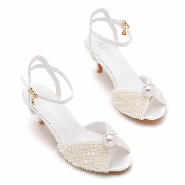 Charmant Blanche Perle Chaussure De Mariée 2023 6 cm Talons Aiguilles Bride Cheville Peep Toes / Bout Ouvert Mariage Sandales Talons Hauts