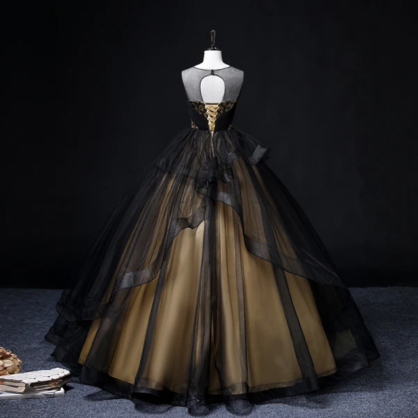Elegant Black Beading Lace Flower Prom Dresses 2022 Ball Gown Scoop Neck Sleeveless Backless Cascading Ruffles Floor-Length / Long Formal Dresses