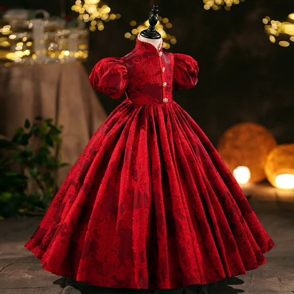 Elegant Burgundy Lace Flower Birthday Flower Girl Dresses 2024 Ball Gown High Neck Short Sleeve Floor-Length / Long
