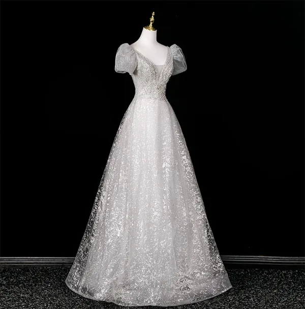 Bling Bling Gris Paillettes Faux Diamant Robe De Bal 2025 Princesse V-Cou Manches Courtes Dos Nu Longue Robe De Ceremonie