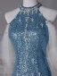Glitzernden Blau Perlenstickerei Perle Strass Pailletten Abendkleider 2024 Meerjungfrau Stehkragen Ärmellos Sweep / Pinsel Zug Festliche Kleider