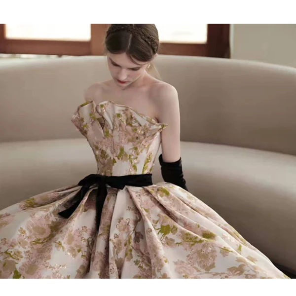 High-end Multi-Colors Printing Prom Dresses 2022 Ball Gown Strapless Sleeveless Backless Bow Sash Floor-Length / Long Formal Dresses