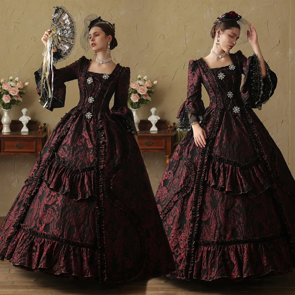 Vintage Retro Medieval Gothic Burgundy Printing Rhinestone Prom Dresses 2024 Ball Gown
