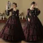 Vintage / Retro Medieval Gothic Burgundy Printing Rhinestone Prom Dresses 2024 Ball Gown Square Neckline Bell sleeves Floor-Length / Long Prom Formal Dresses
