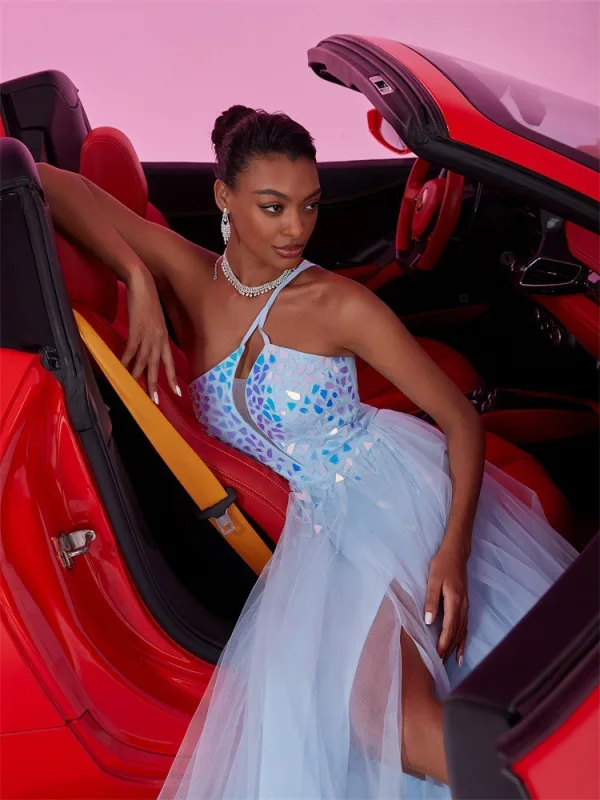 Sexy Himmelblau Pailletten Gespaltete Front Ballkleider 2025 A Linie One-Shoulder Ärmellos Rückenfreies Lange Festliche Kleider