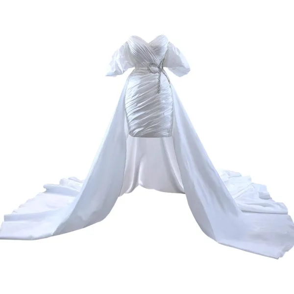 Sexy High-end White Evening Dresses 2023 A-Line / Princess Off-The-Shoulder Short Sleeve Rhinestone Bow Backless Court Train Evening Party Formal Dresses