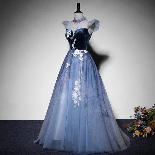 Elegante Himmelblau Wildleder Ballkleider 2022 A Linie Stehkragen Ärmellos Perlenstickerei Spitze Blumen Lange Festliche Kleider