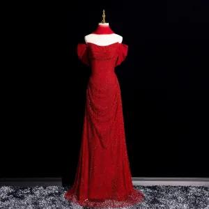 Sexy Red Glitter Evening Dresses 2025 Trumpet Mermaid Off The Shoulder Short Sleeve Backless Floor Length Long Evening Party Formal Dresses