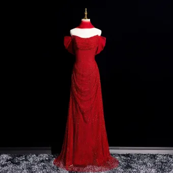 Sexy Rouge Glitter Robe De Soirée 2025 Trompette Sirène De L Épaule Manches Courtes Dos Nu Longue Soirée Robe De Ceremonie