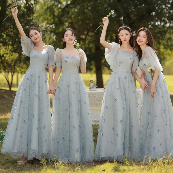 Chic / Beautiful Sky Blue Butterfly Appliques Bridesmaid Dresses 2022 A-Line / Princess Square Neckline Short Sleeve Backless Floor-Length / Long