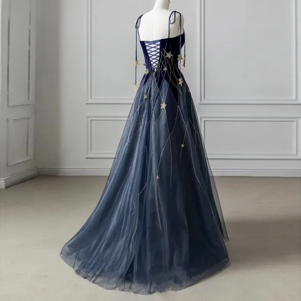 Fashion Navy Blue Star Beading Prom Dresses 2025 A-Line / Princess Spaghetti Straps Sleeveless Backless Floor-Length / Long Prom Formal Dresses