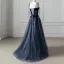 Fashion Navy Blue Star Beading Prom Dresses 2025 A-Line / Princess Spaghetti Straps Sleeveless Backless Floor-Length / Long Prom Formal Dresses