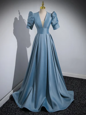 Élégant Bleu Satin Robe De Bal 2023 Princesse V Cou Manches Courtes Dos Nu Train De Balayage Promo Robe De Ceremonie