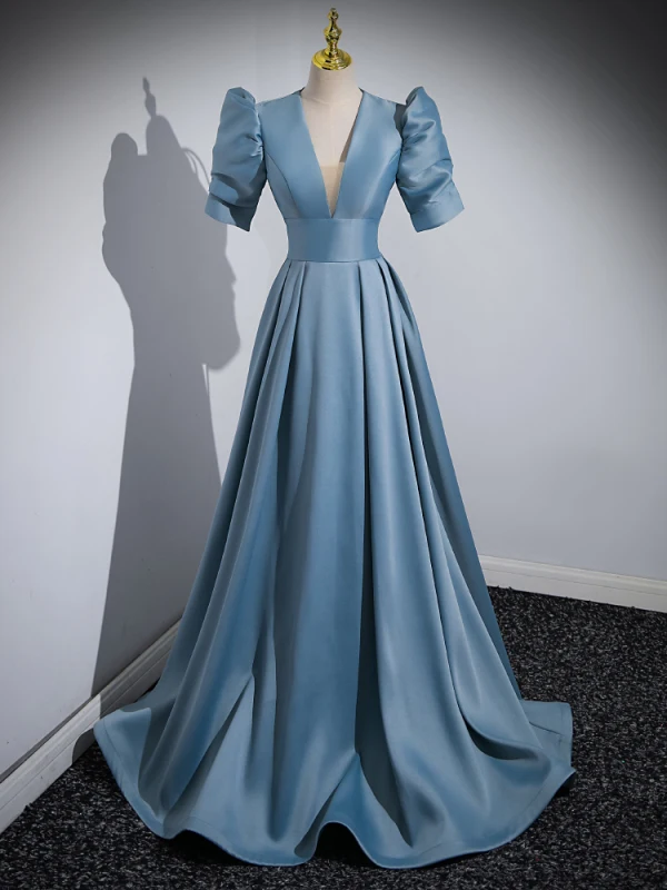 Elegant Pool Blue Satin Prom Dresses 2023 A-Line / Princess V-Neck Short Sleeve Backless Sweep Train Prom Formal Dresses