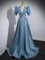 Elegant Pool Blue Satin Prom Dresses 2023 A-Line / Princess V-Neck Short Sleeve Backless Sweep Train Prom Formal Dresses