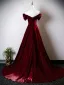 Sexy Burgundy Prom Dresses 2025 A-Line / Princess Off-The-Shoulder Short Sleeve Backless Sweep Train Prom Formal Dresses