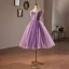 Chic / Belle Lilas Glitter Paillettes Courte Corset  de retour Robe De Graduation 2024 Princesse Bretelles Spaghetti Sans Manches Dos Nu Robe De Ceremonie