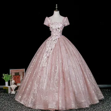 Blumenfee Rosa Perlenstickerei Pailletten Spitze Blumen Applikationen Ballkleider 2026 Ballkleid Eckiger Ausschnitt Rückenfreies Kurze Ärmel
