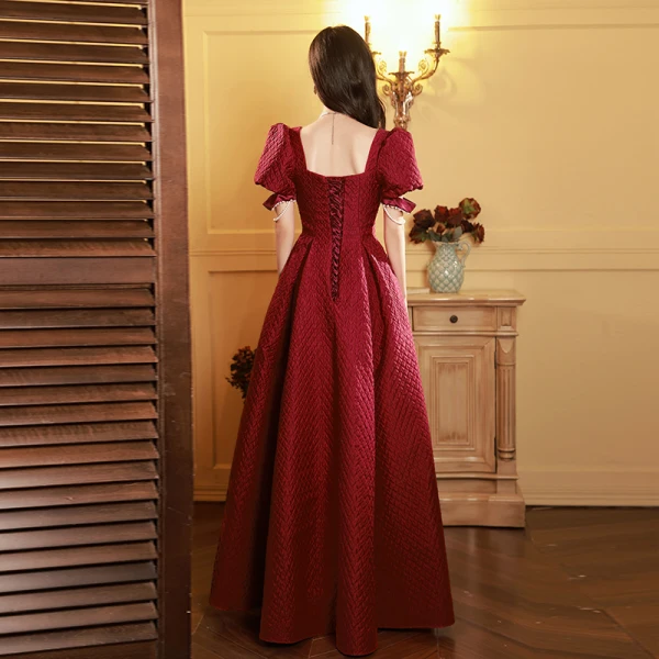 Elegant Burgundy Appliques Prom Dresses 2023 A-Line / Princess Square Neckline Short Sleeve Backless Floor-Length / Long Prom Formal Dresses