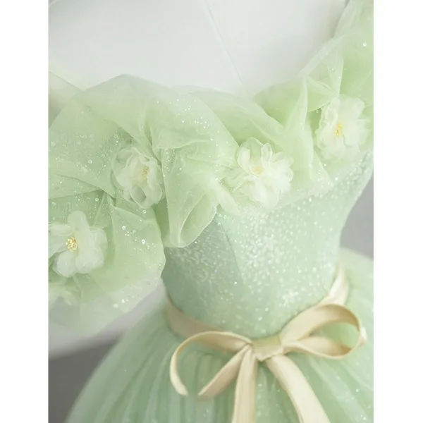 Elegant Sage Green Sequins Appliques Prom Dresses 2023 Ball Gown Off-The-Shoulder Sleeveless Backless Bow Sash Floor-Length / Long Formal Dresses