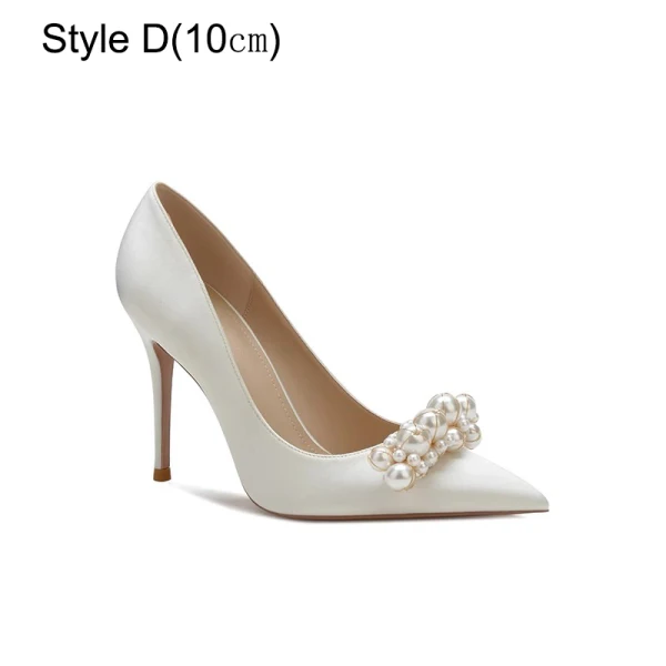Chic / Beautiful Champagne Pearl Wedding Shoes 2023 Leather 10 cm Stiletto Heels Pointed Toe Wedding Pumps High Heels