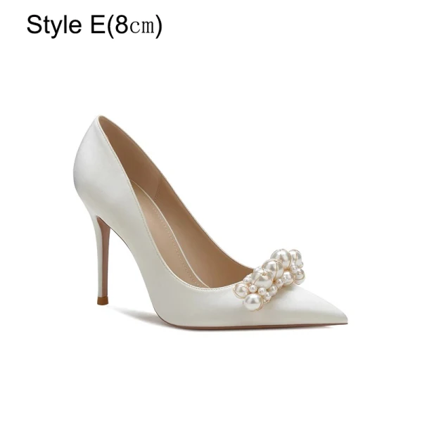 Chic / Beautiful Champagne Pearl Wedding Shoes 2023 Leather 10 cm Stiletto Heels Pointed Toe Wedding Pumps High Heels