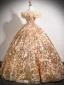 Sparkly Champagne Sequins Prom Dresses 2025 Ball Gown Ruffle Off-The-Shoulder Short Sleeve Backless Floor-Length / Long Formal Dresses