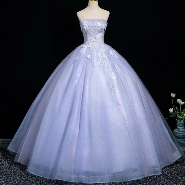 Chic / Beautiful Lavender Lace Flower Appliques Prom Dresses 2025 A-Line / Princess Strapless Sleeveless Backless Floor-Length / Long Formal Dresses
