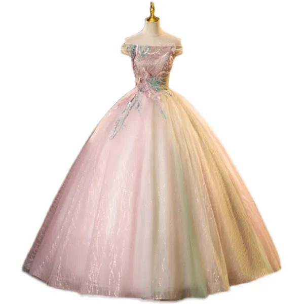Élégant Rougissant Rose Perlage Paillettes En Dentelle Fleur Robe De Bal 2023 Robe Boule De l'épaule Sans Manches Dos Nu Longue Robe De Bal