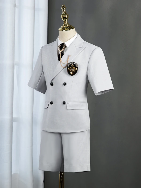 Summer 5-piece Grey Short Sleeve Boys Wedding Suits 2022 Coat Pants Shirt Tie Vest