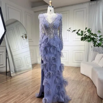 Haut De Gamme Lavande Fait Main Perlage Faux Diamant Gland Fendue Devant Robe De Bal 2024 Trompette Sirène V Cou Manches Longues Longue Promo Robe De Ceremonie