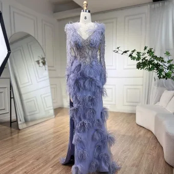 High End Lavender Handmade Beading Rhinestone Tassel Split Front Prom Dresses 2024 Trumpet Mermaid V Neck Long Sleeve Floor Length Long Prom Formal Dresses