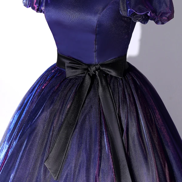 Vintage / Retro Navy Blue Gradient-Color Prom Dresses 2022 Ball Gown Square Neckline Puffy Short Sleeve Backless Bow Sash Floor-Length / Long Formal Dresses
