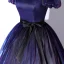 Vintage / Retro Navy Blue Gradient-Color Prom Dresses 2022 Ball Gown Square Neckline Puffy Short Sleeve Backless Bow Sash Floor-Length / Long Formal Dresses