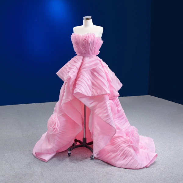Haut de Gamme Haute Basse Rougissant Rose Volants en Cascade Asymétrique Robe De Bal 2022 Robe Boule Bustier Sans Manches Dos Nu Promo Robe De Ceremonie