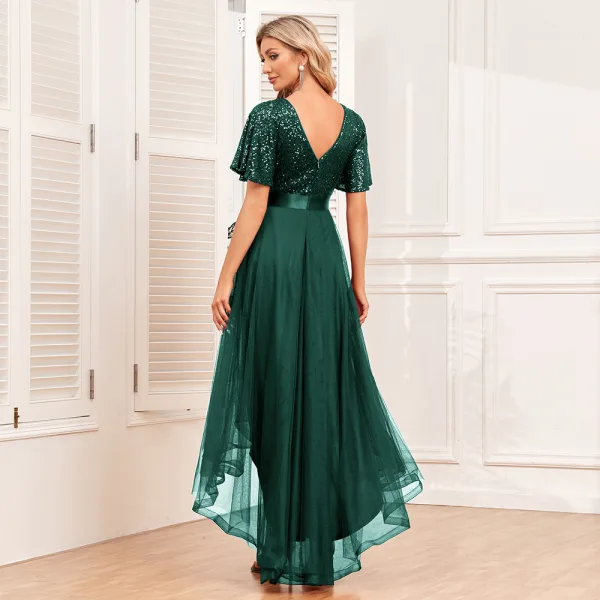 Chic / Belle Bordeaux Paillettes Asymétrique Robe De Bal 2024 Princesse V-Cou Manches Courtes Dos Nu Promo Robe De Ceremonie