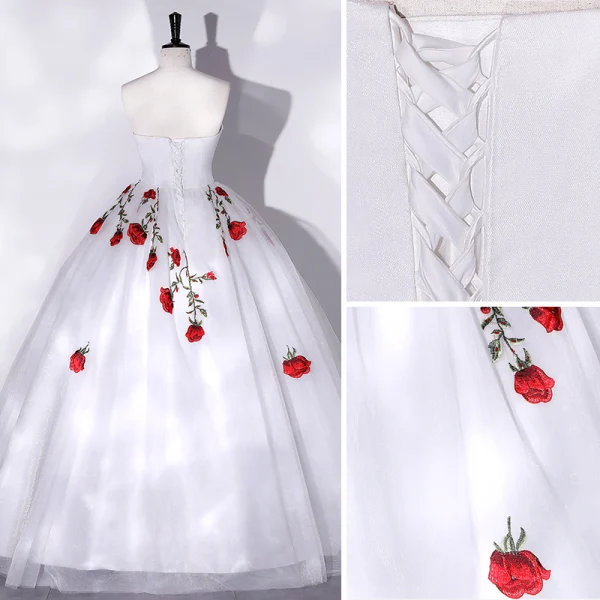 Elegant White Lace Flower Prom Dresses 2022 Ball Gown Strapless Sleeveless Backless Floor-Length / Long Prom Formal Dresses