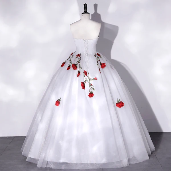 Elegant White Lace Flower Prom Dresses 2022 Ball Gown Strapless Sleeveless Backless Floor-Length / Long Prom Formal Dresses