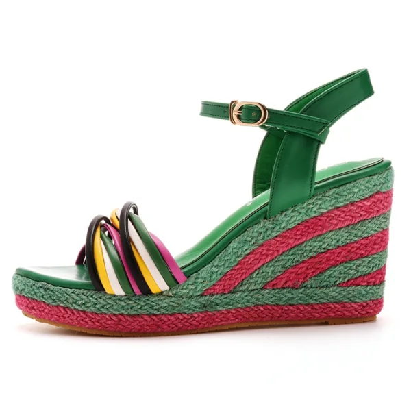 Bohême Noire Été Vêtement de rue Tresser Sandales Femme 2023 Bride Cheville 9 cm Compensées Peep Toes / Bout Ouvert Sandales